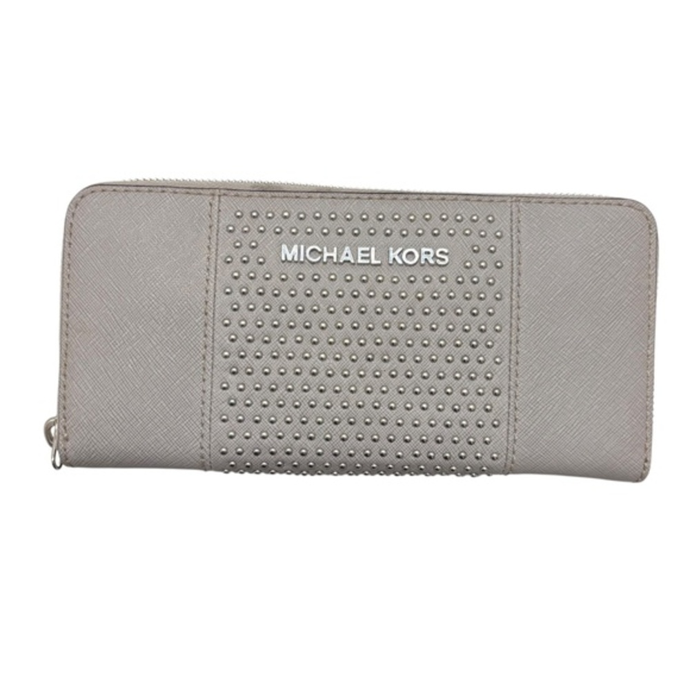 Michael kors gray saffiano leather silver studded zipper clutch wallet new - Picture 1 of 8